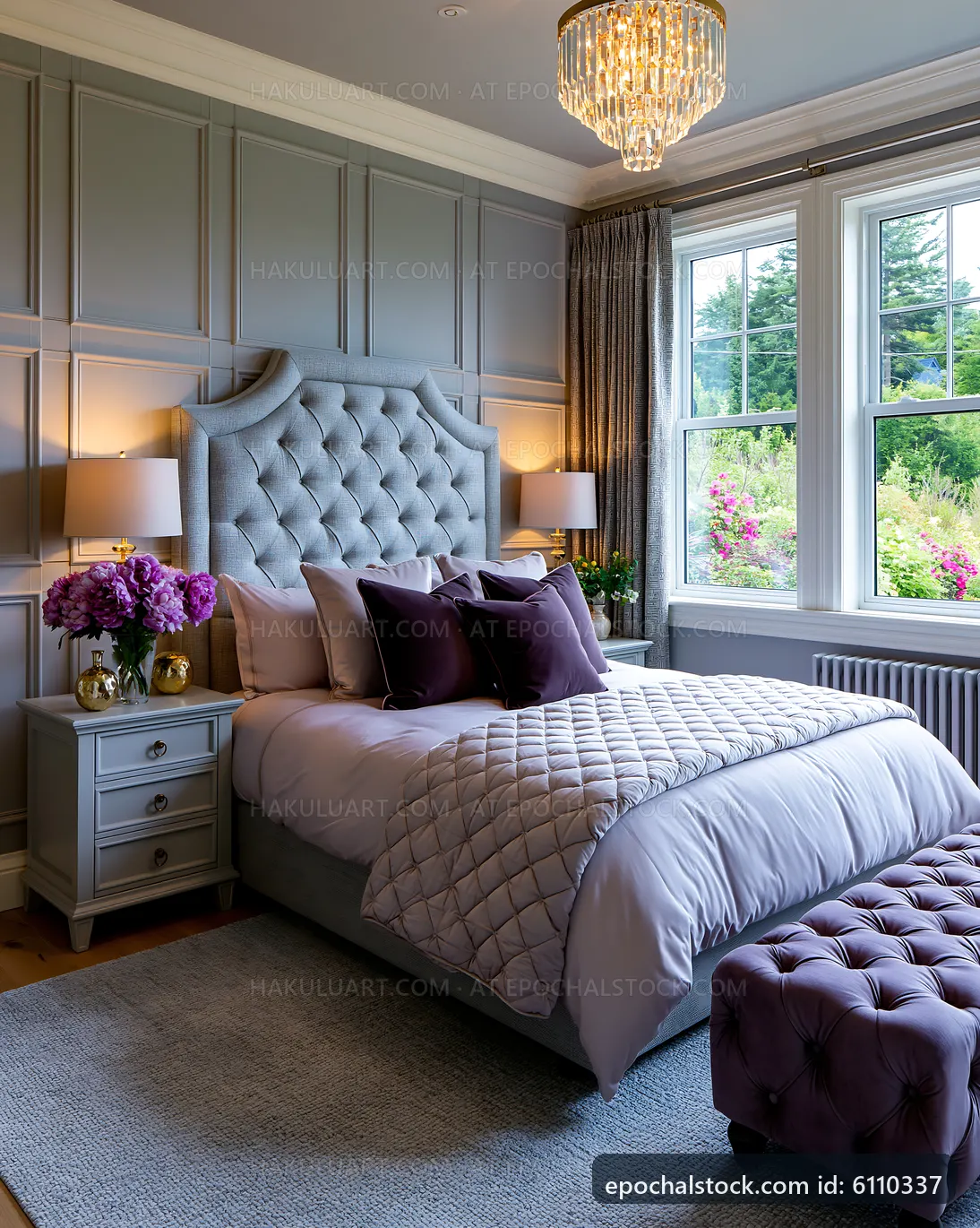 Modern bedroom interior with large windows and stylish decor