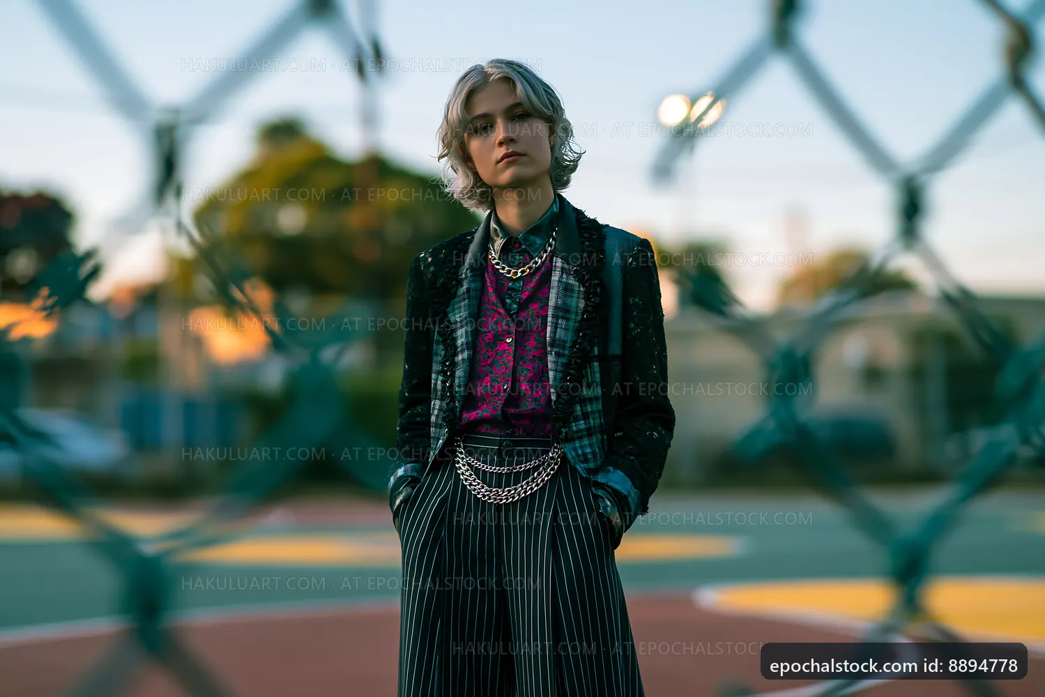 Fashionable person stands on a basketball court during sunset
