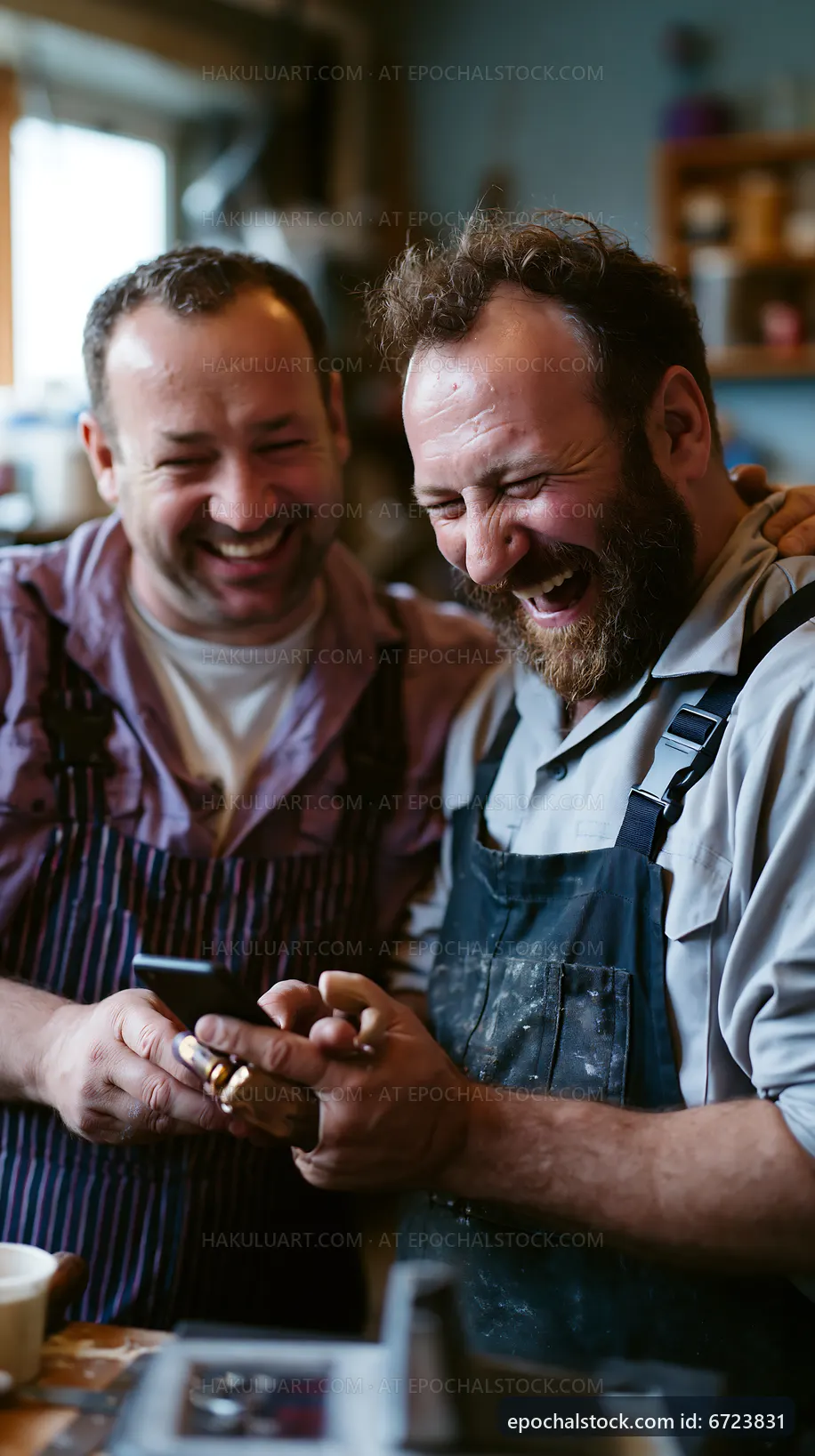 Friends sharing a moment while working in a workshop