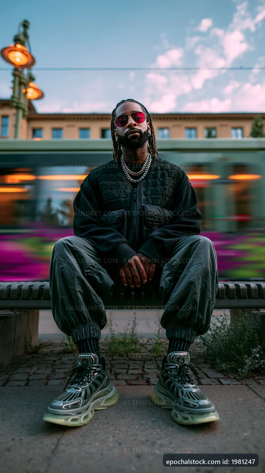 Man sitting on a bench in urban setting with blurred background