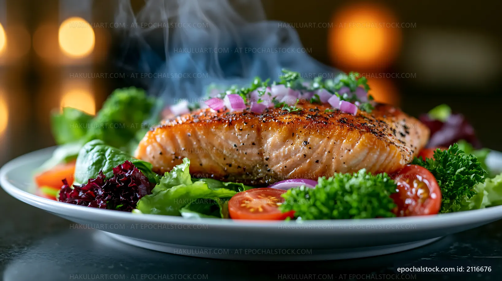 Cooked salmon on a plate with vegetables and herbs