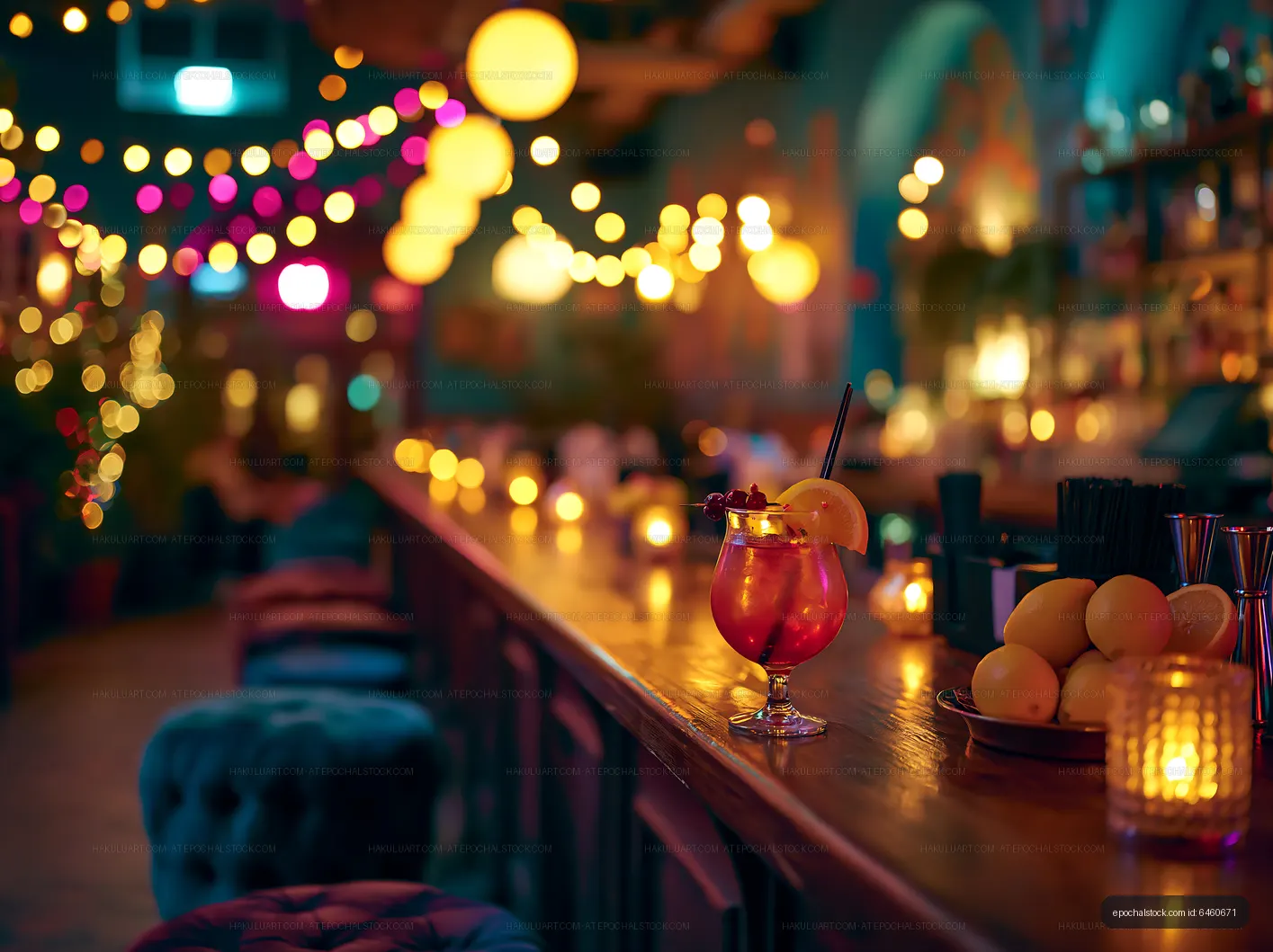 Colorful cocktail on bar counter in lively lounge at night