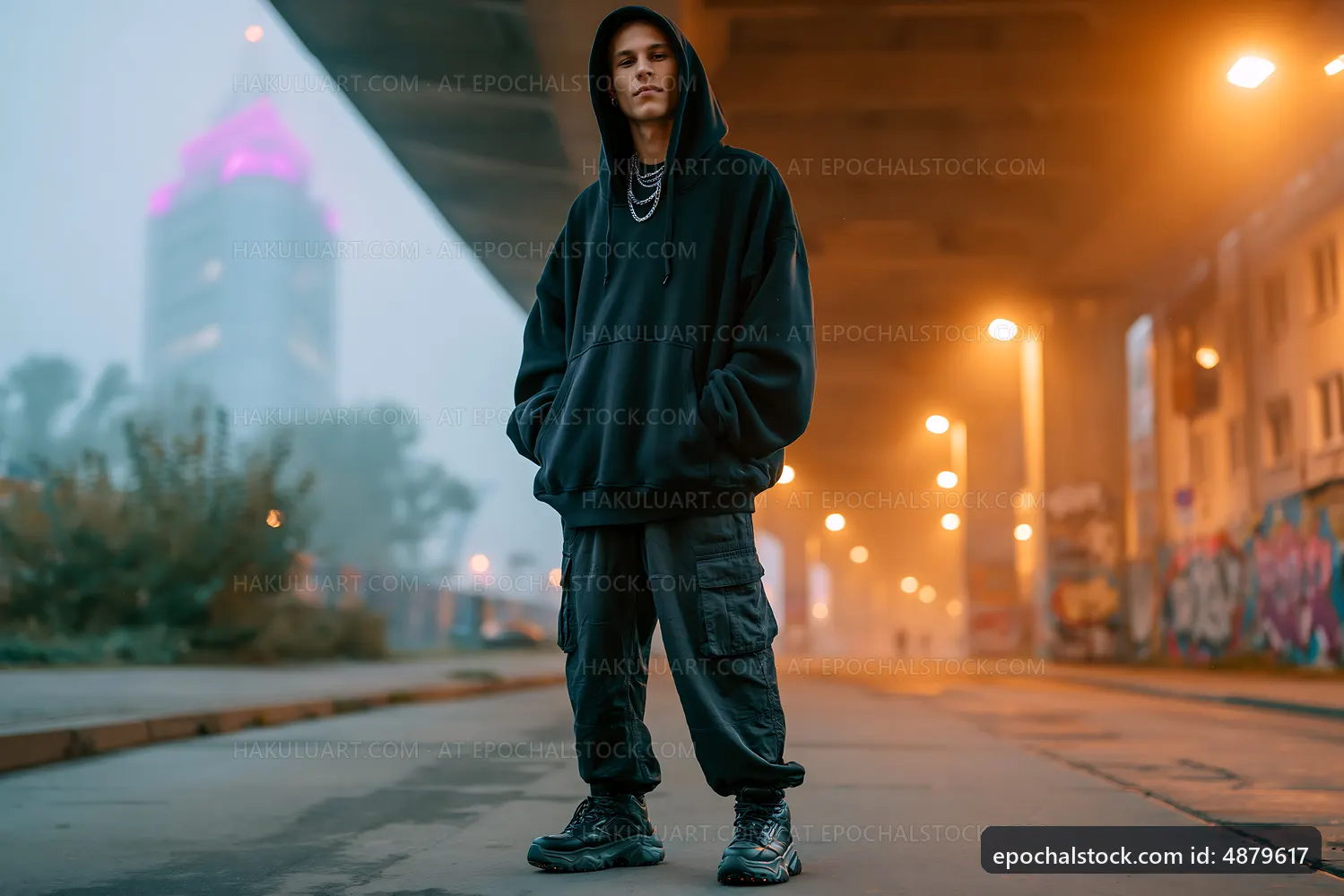 Young person in oversized hoodie standing under urban overpass