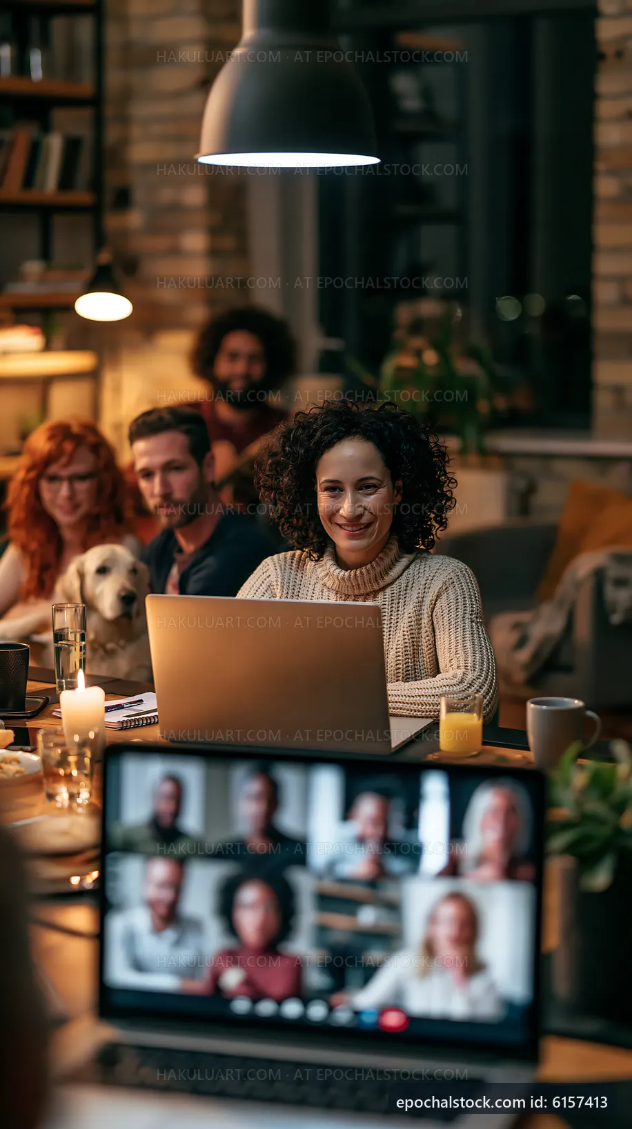 Group engaging in virtual meeting in cozy living room
