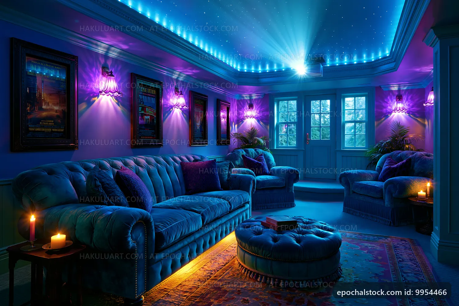 Cozy living room with blue lighting and comfortable furniture