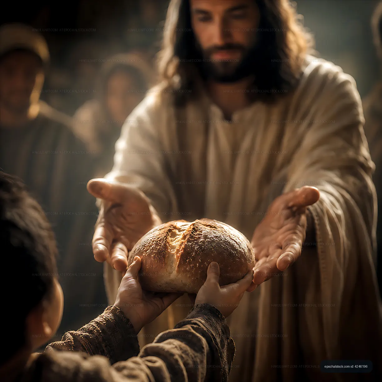 Man sharing bread with child in historical setting