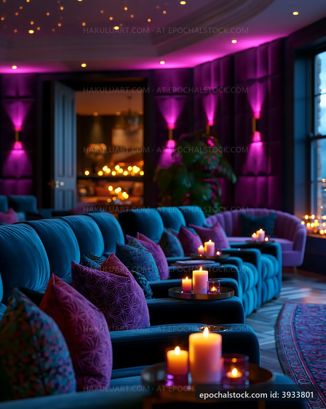 Cozy lounge with purple lights and candles in a modern setting