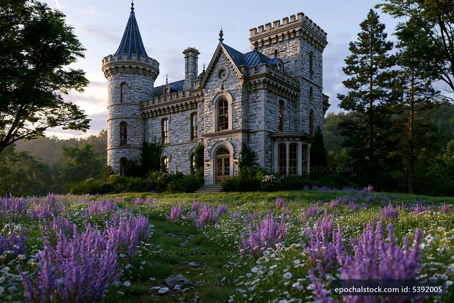 Castle surrounded by flowers in a green landscape