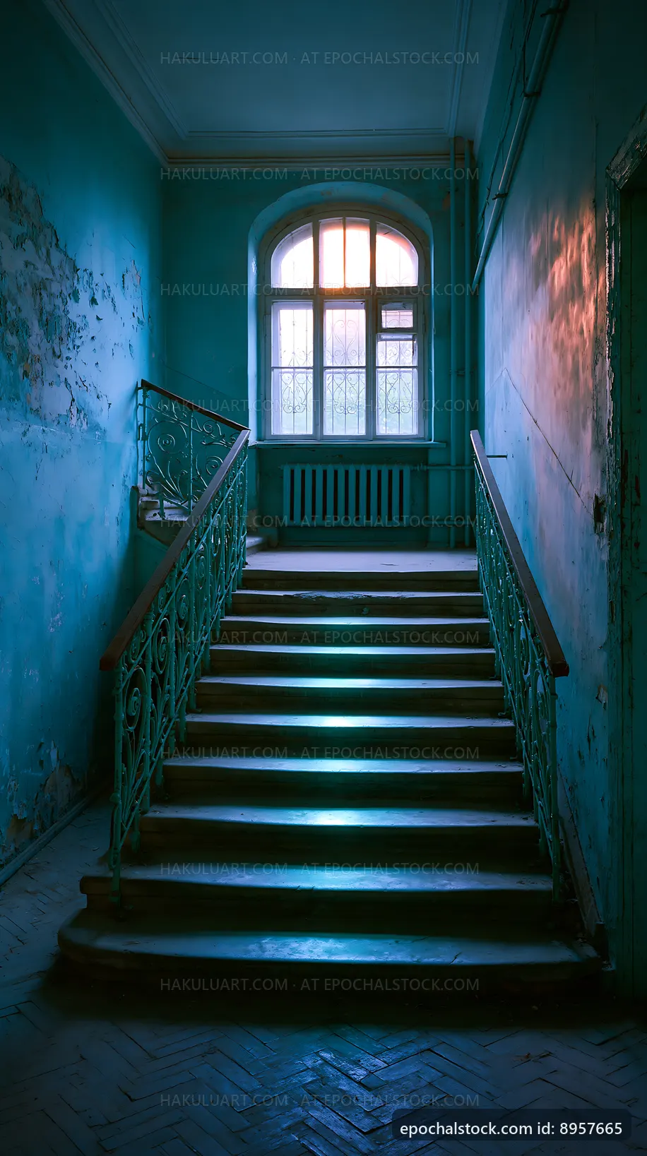 Stairs with teal walls and natural light in an old building