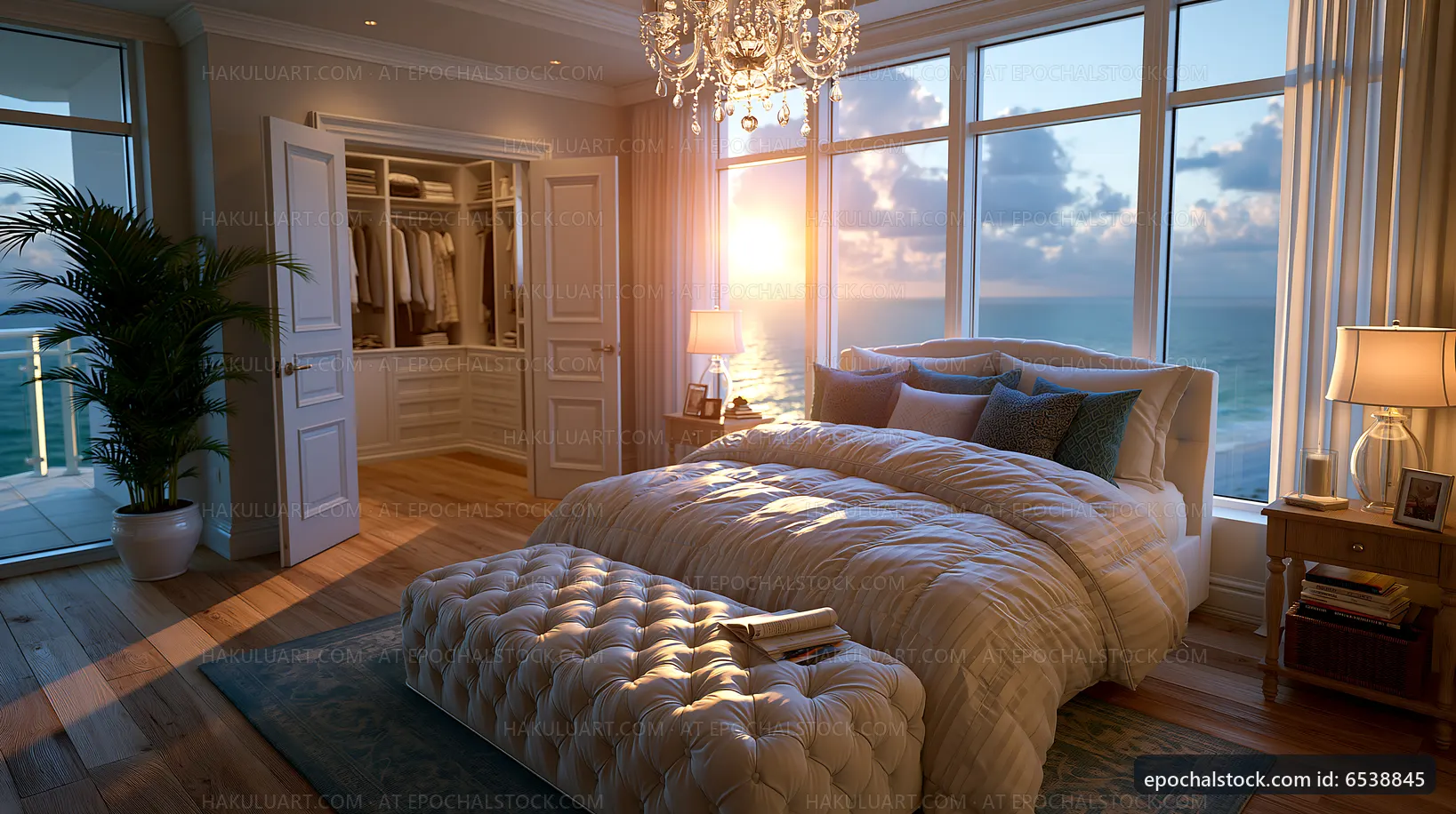Cozy bedroom with large windows and ocean view at sunset