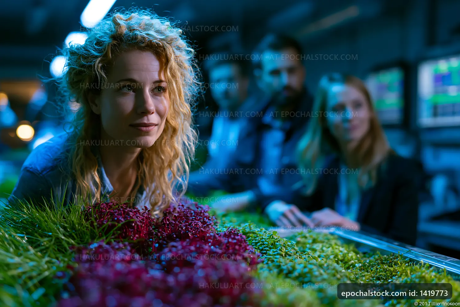 Group of people in a lab observing fresh greenery and plants
