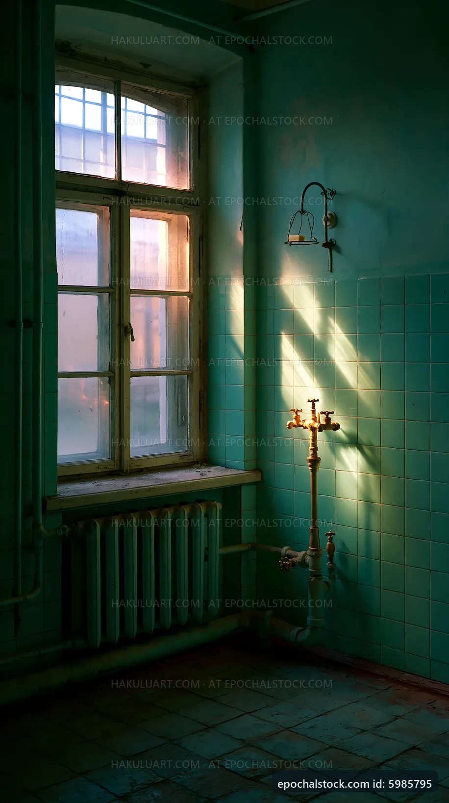 Sunlight streaming through a window in a vintage bathroom