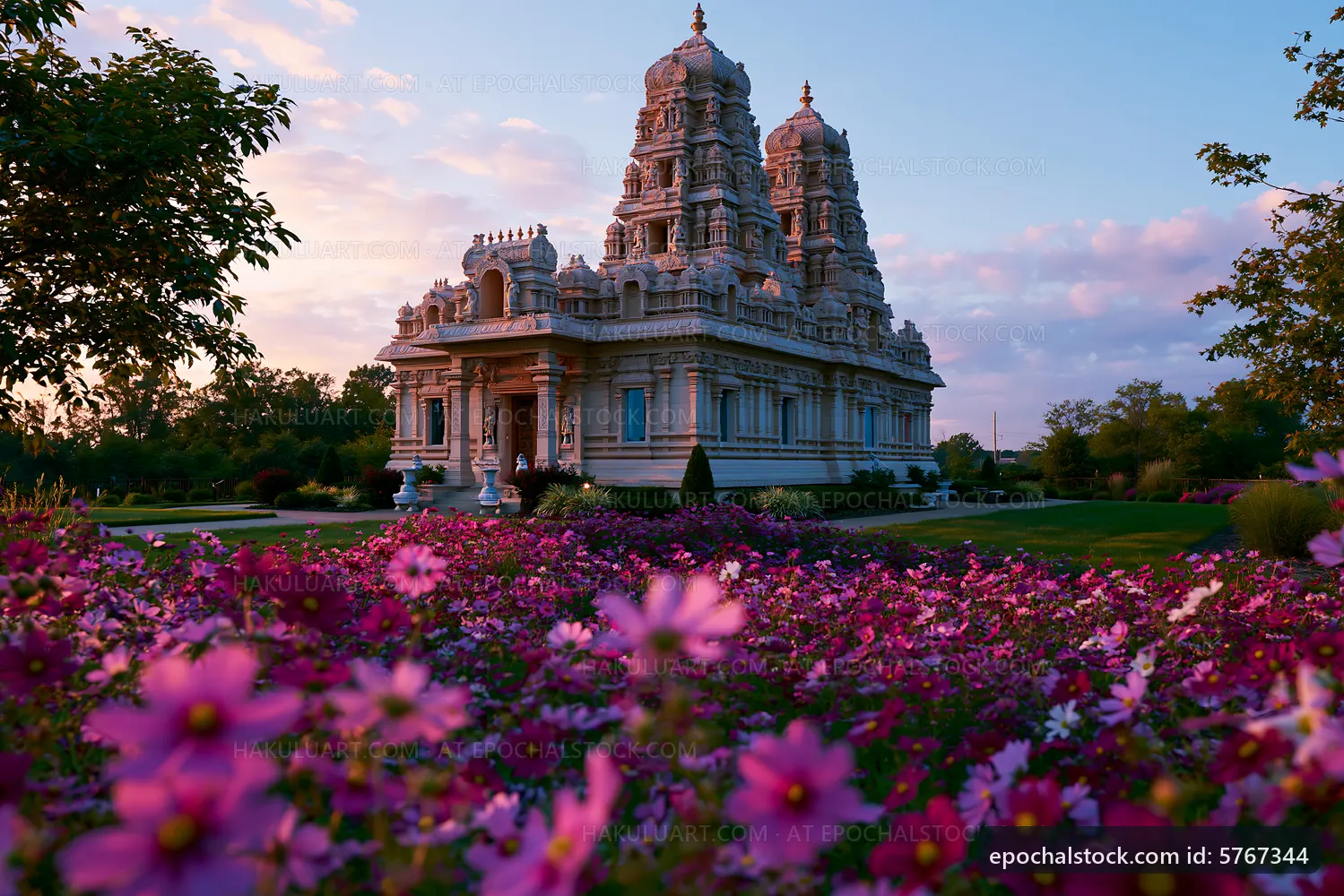Hindu temple surrounded by flowers during sunset