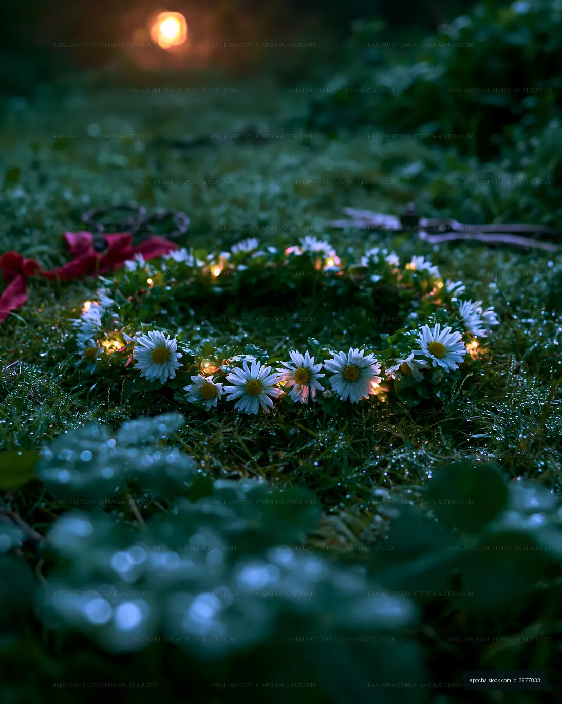 Flower crown with lights on grass in the evening forest
