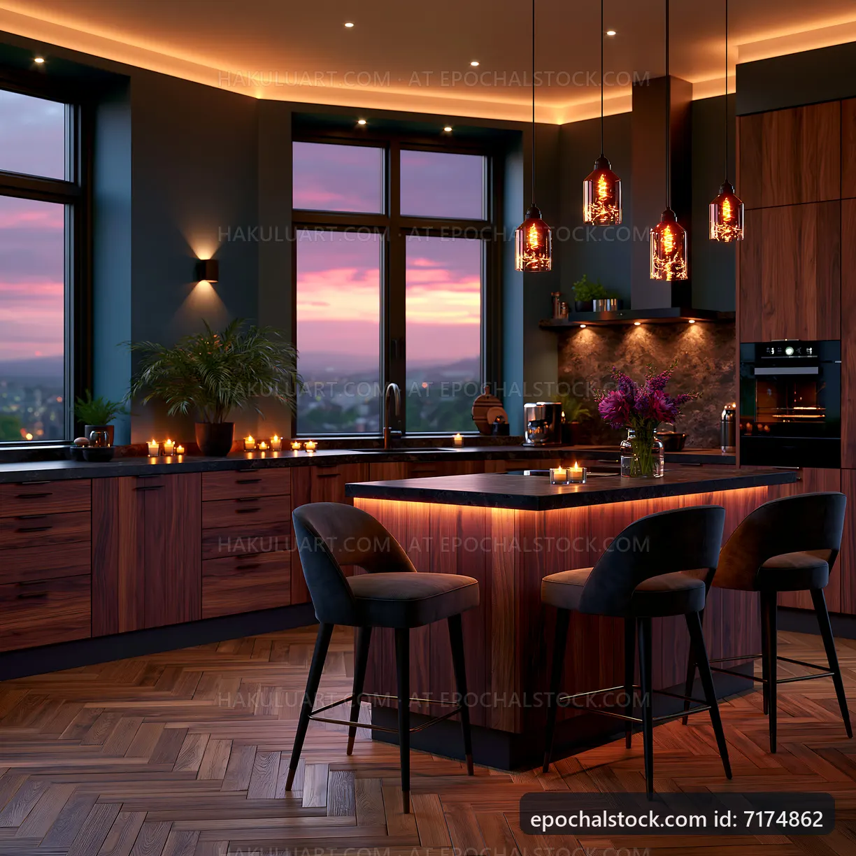 Modern kitchen with sunset view and warm lighting