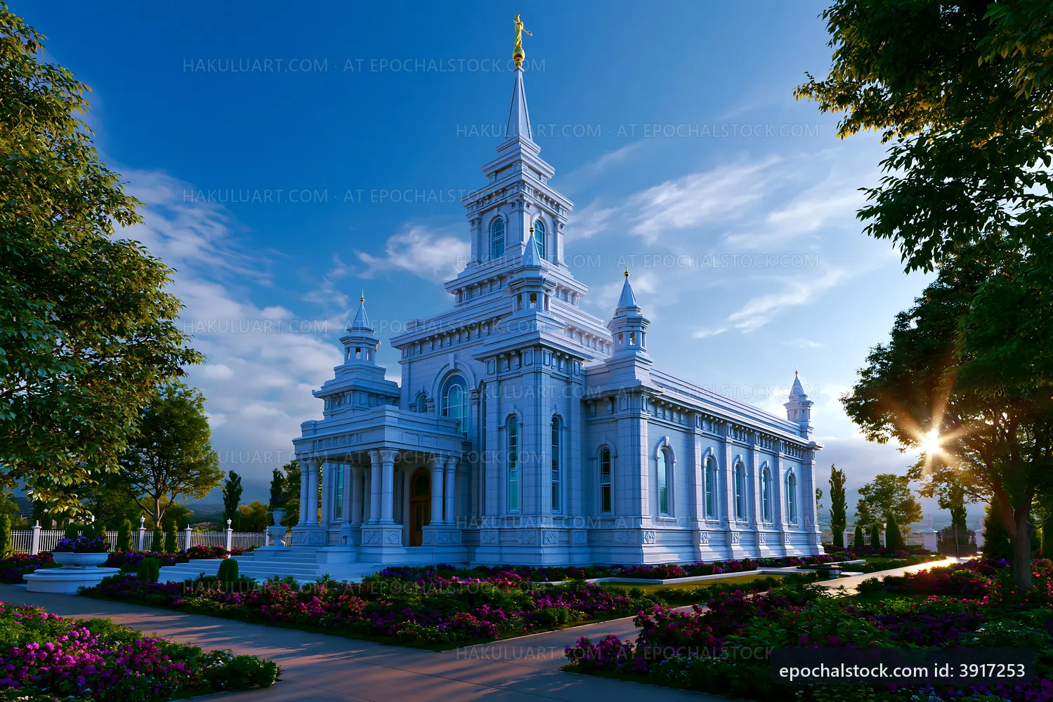 White church building with tall spire under blue sky