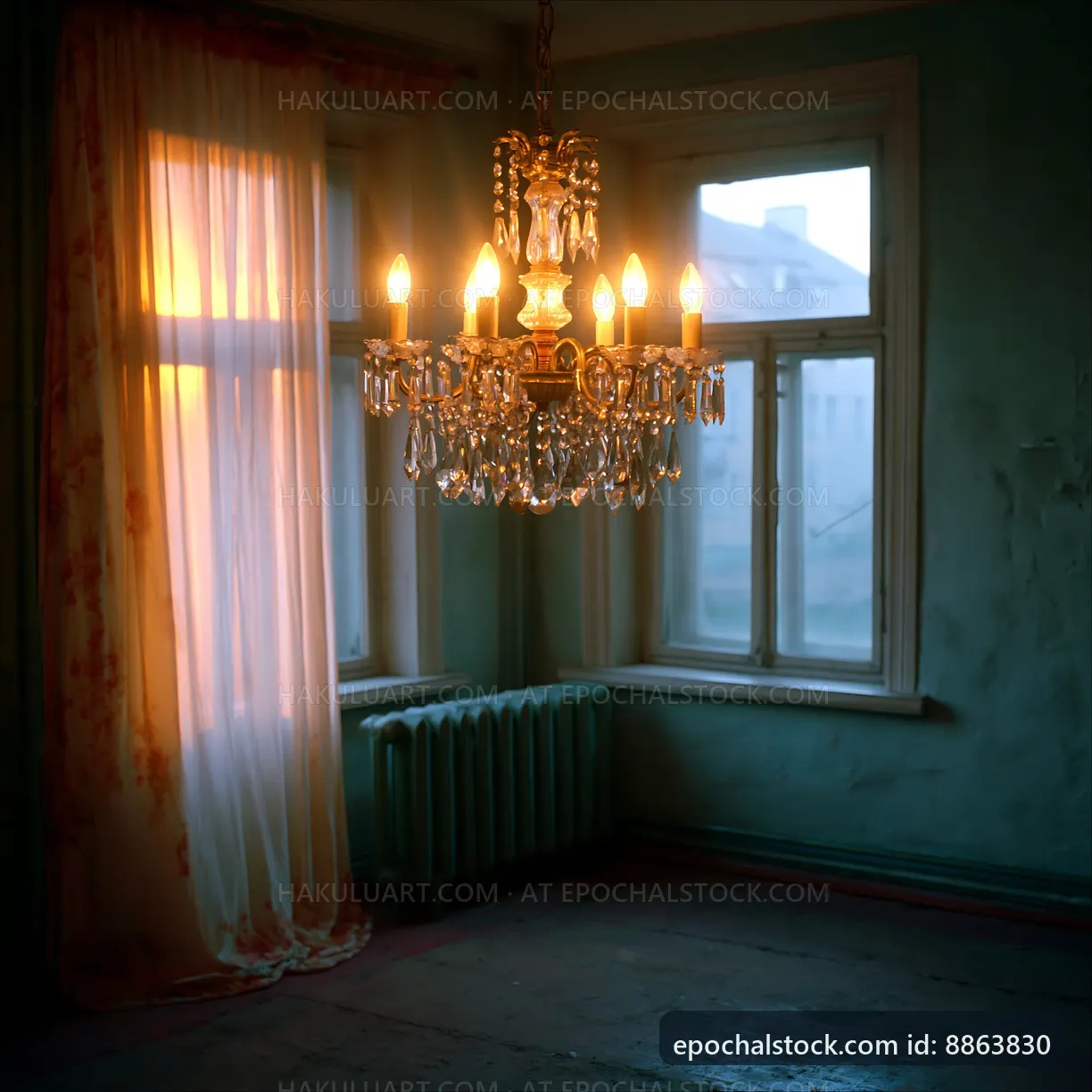 Chandelier hanging in a quiet room with sunlight through the window