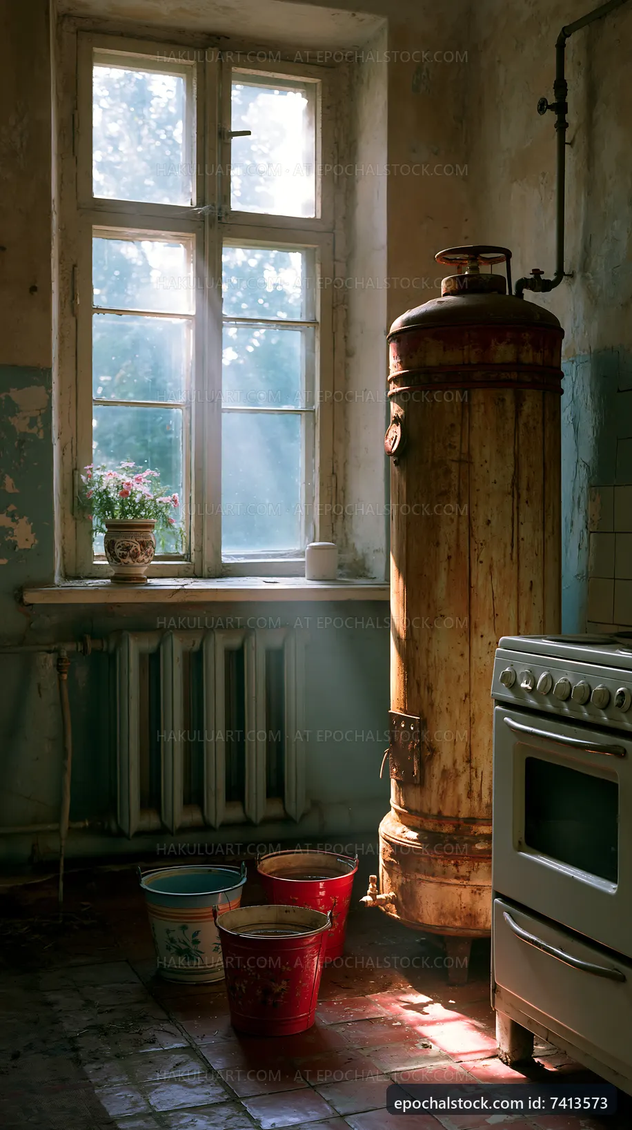 Light streaming into an old kitchen with a stove and heating tank