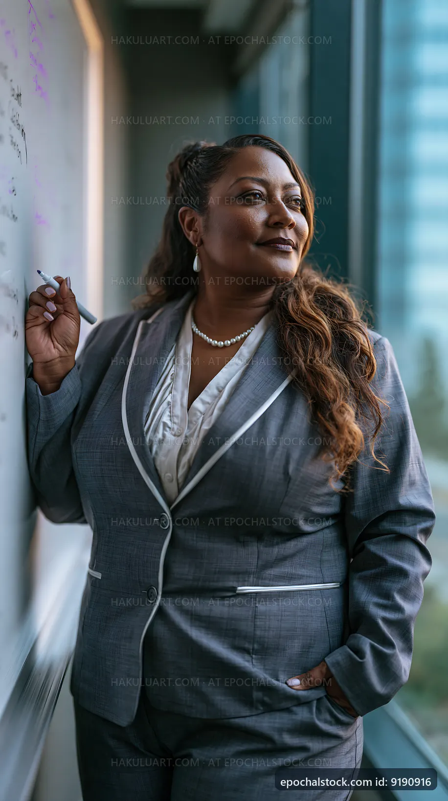 Professional woman writing on a whiteboard inside an office