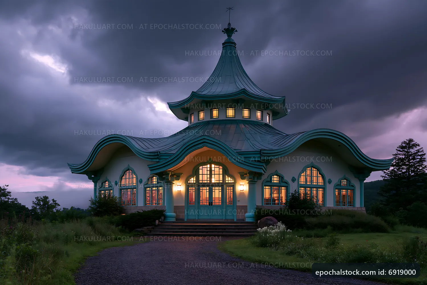 Unique building with colorful roof under cloudy sky at dusk