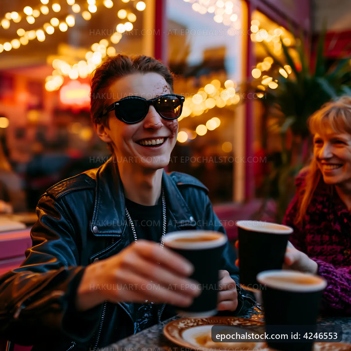 Friends enjoying coffee at a cafe in the evening