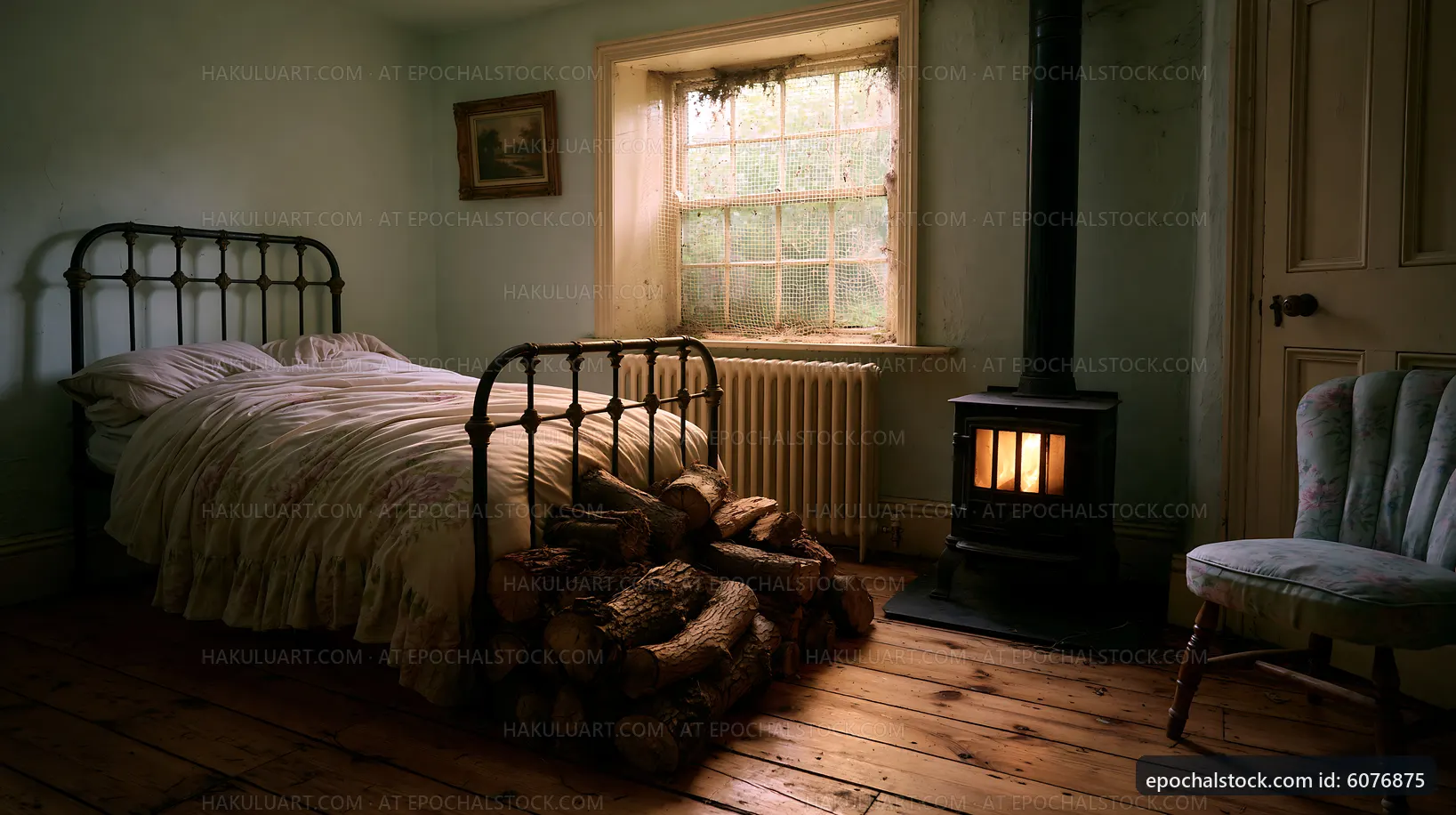 Cozy bedroom with a metal bed and wood-burning stove