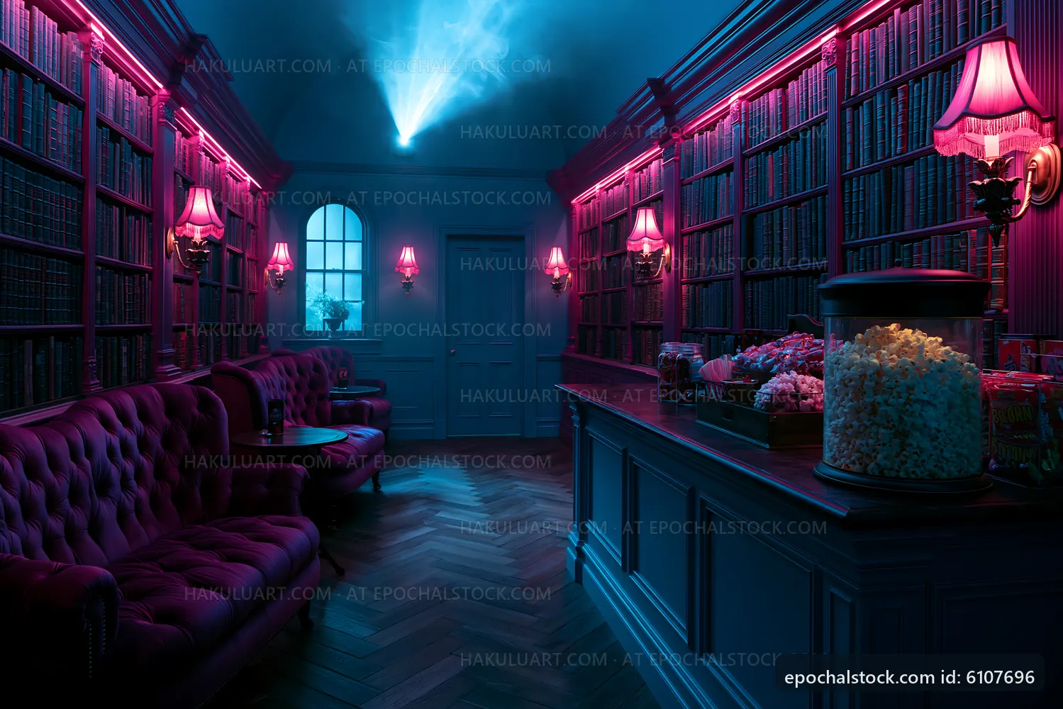 Cozy reading nook with vintage seating and colorful lighting