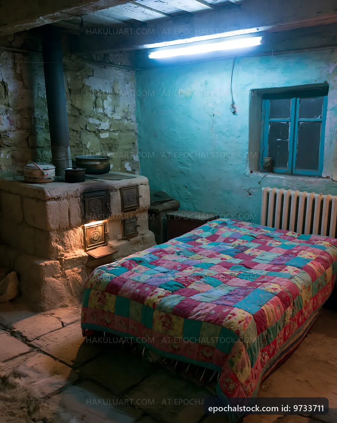 Cozy room with a quilt and stove in an old building