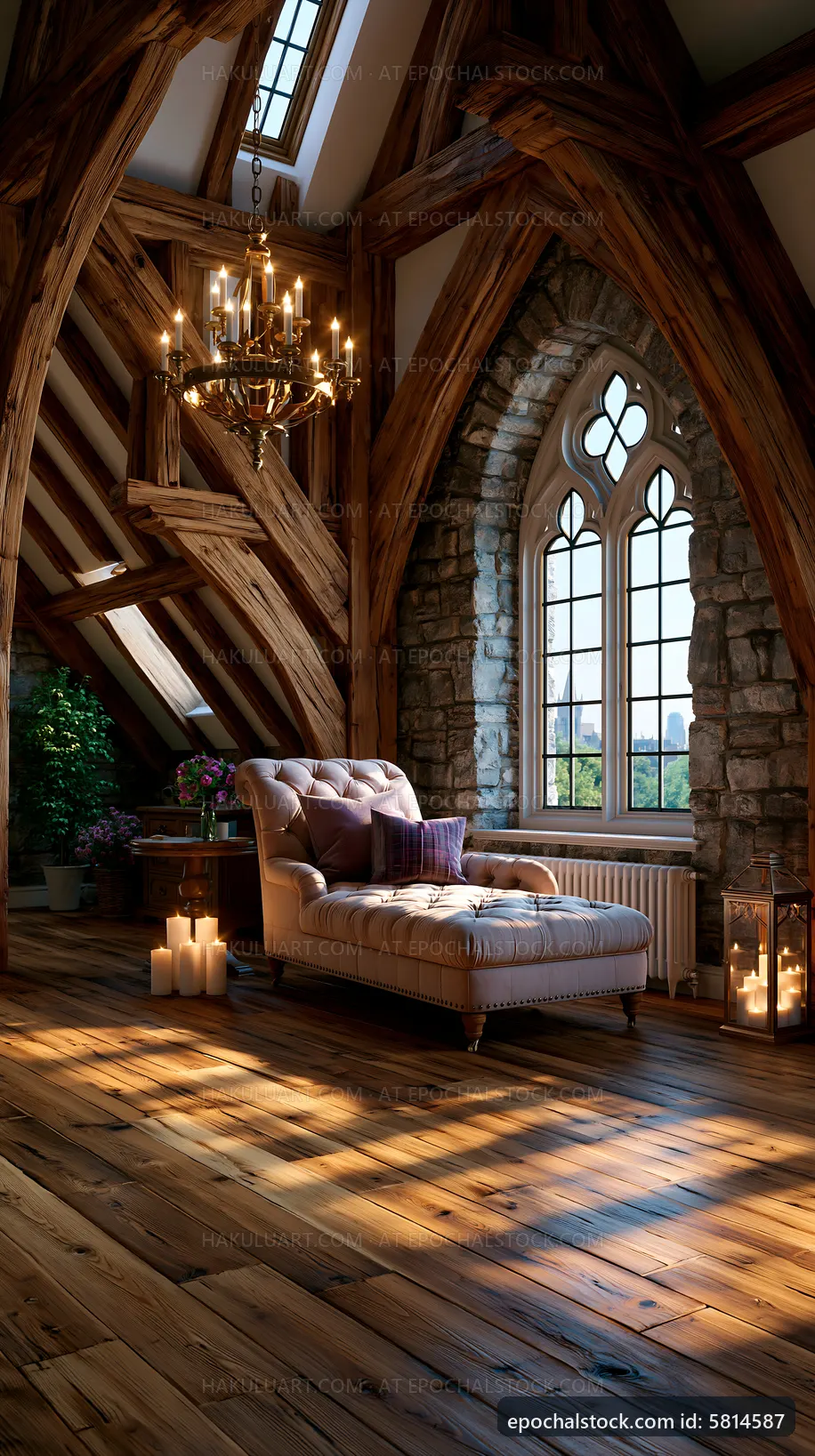 Cozy lounge space with wooden beams and natural light
