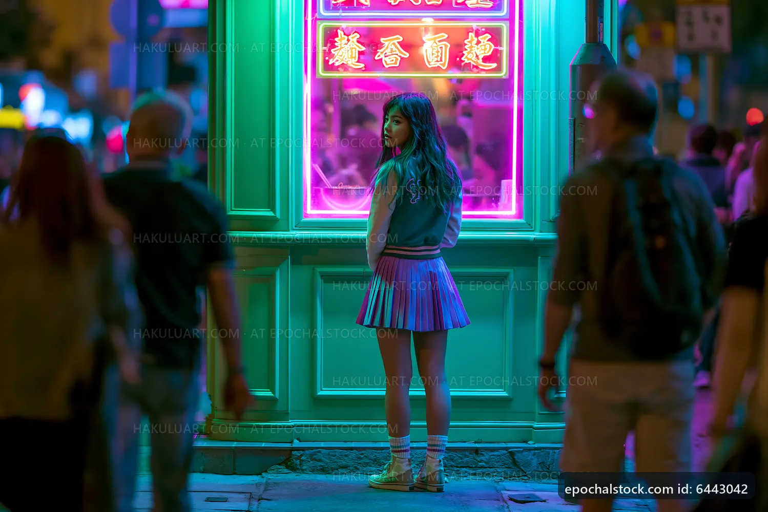 Girl standing in front of neon-lit storefront in a busy street