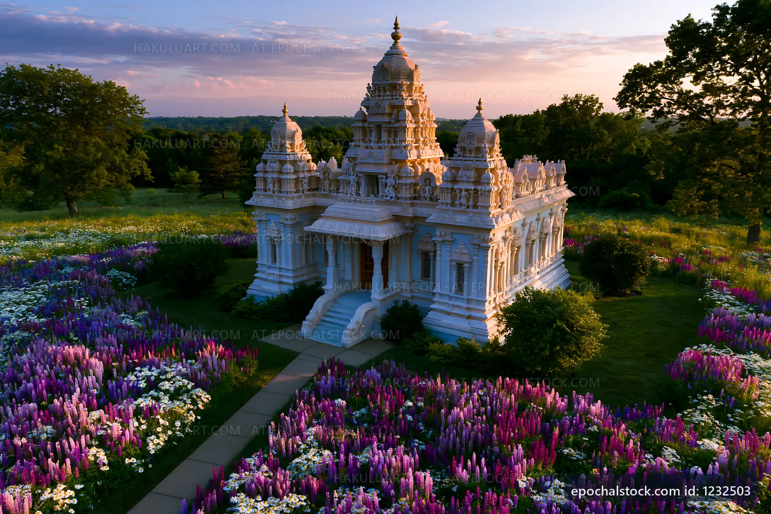 Temple surrounded by colorful flowers during sunset