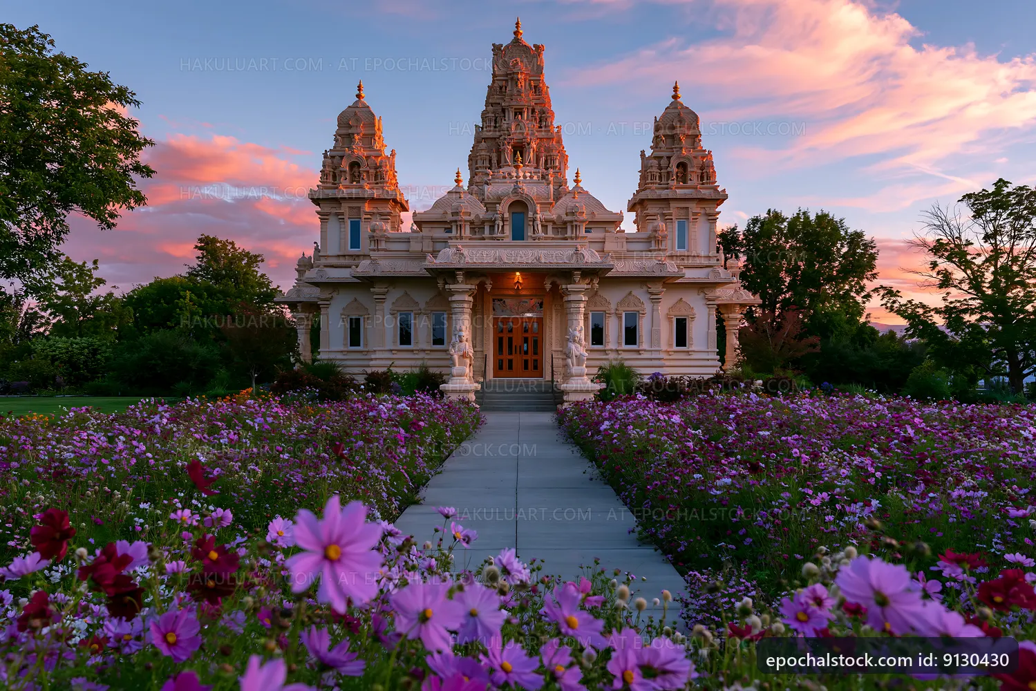 Colorful temple surrounded by flowers at sunset