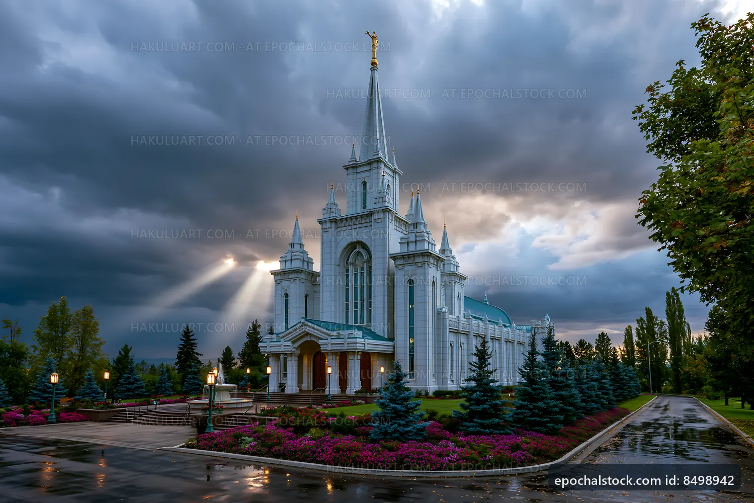 White church with tall spire under dramatic sky before rain