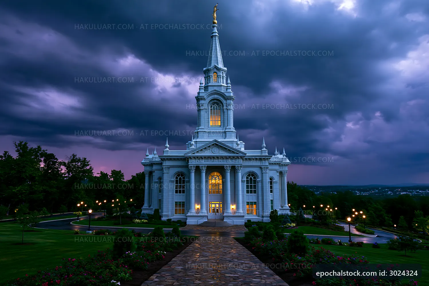 Bright white temple stands under dark stormy sky