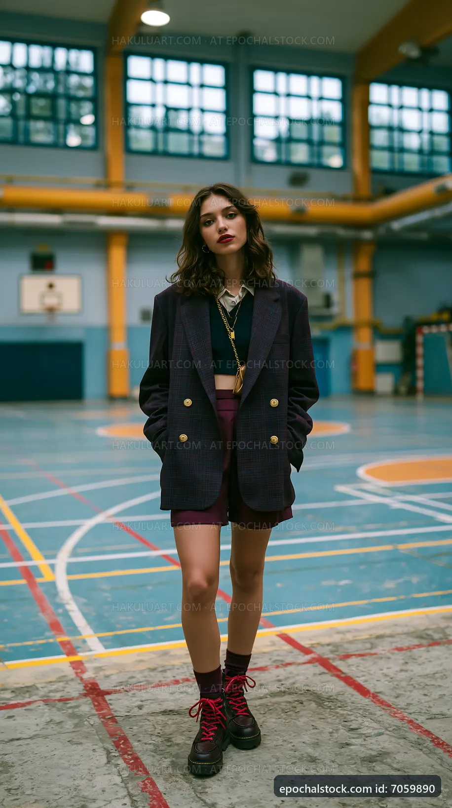Young woman standing in gym with basketball court background