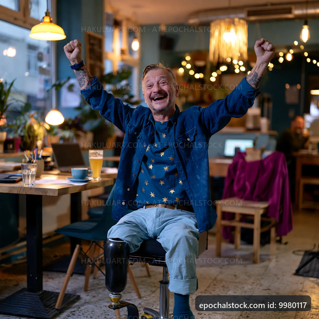 Man celebrating in a cafe with a drink and bright lights