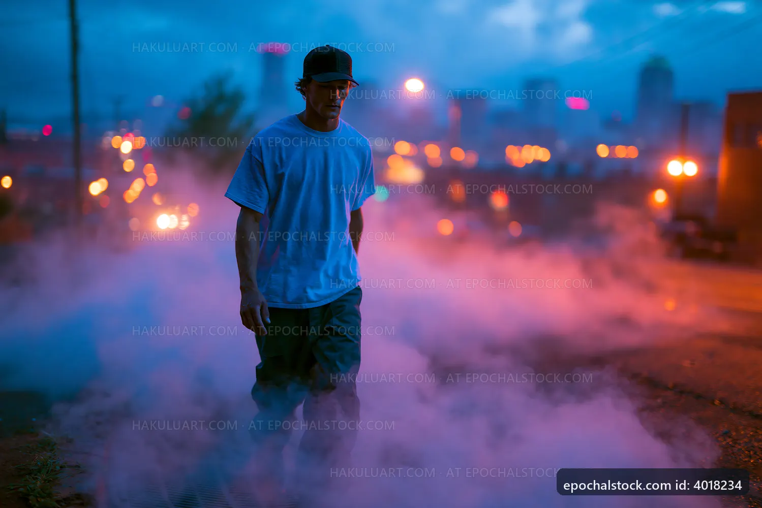 Man walking through fog in urban area with city lights at dusk