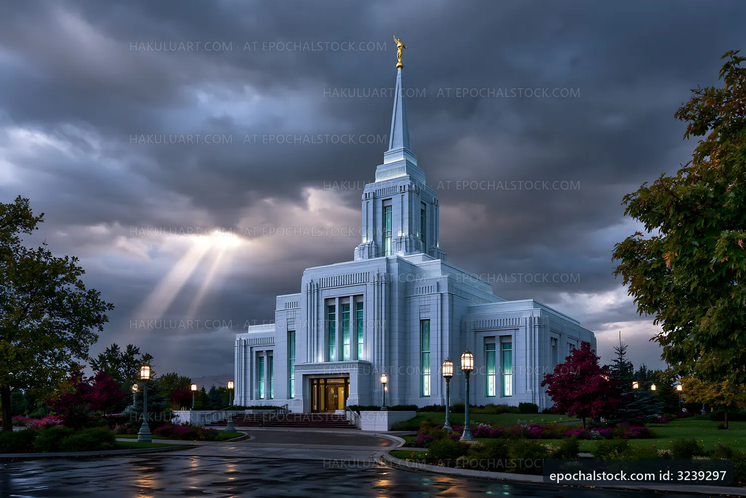 Modern church building under dark clouds with light rays