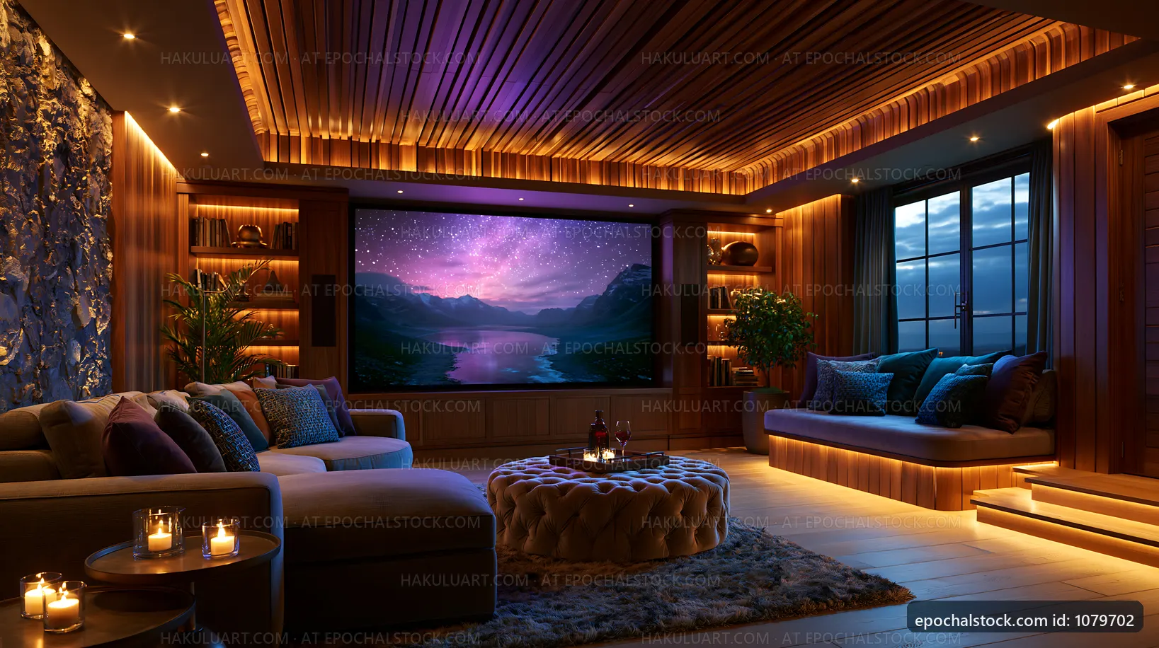 Cozy living room with large TV and warm lighting