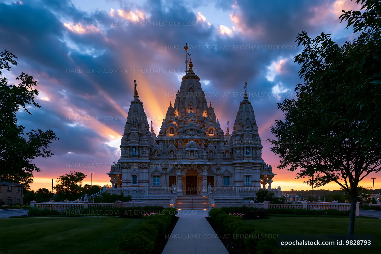 Sunset over a large stone temple with intricate design