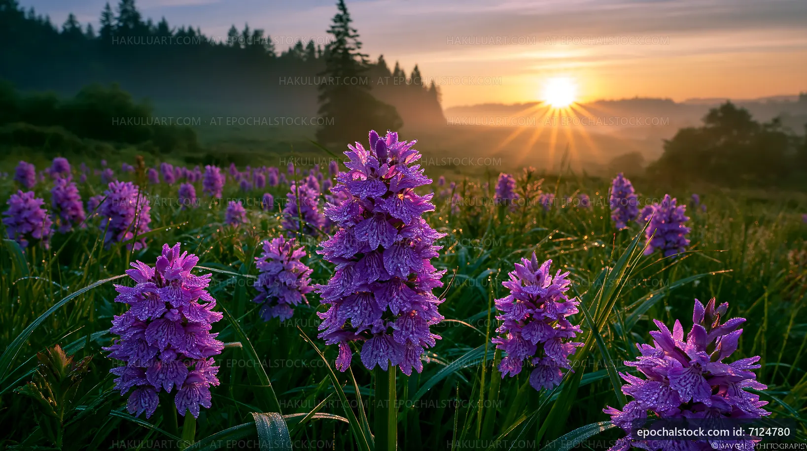 Purple flowers bloom at sunrise in a misty valley