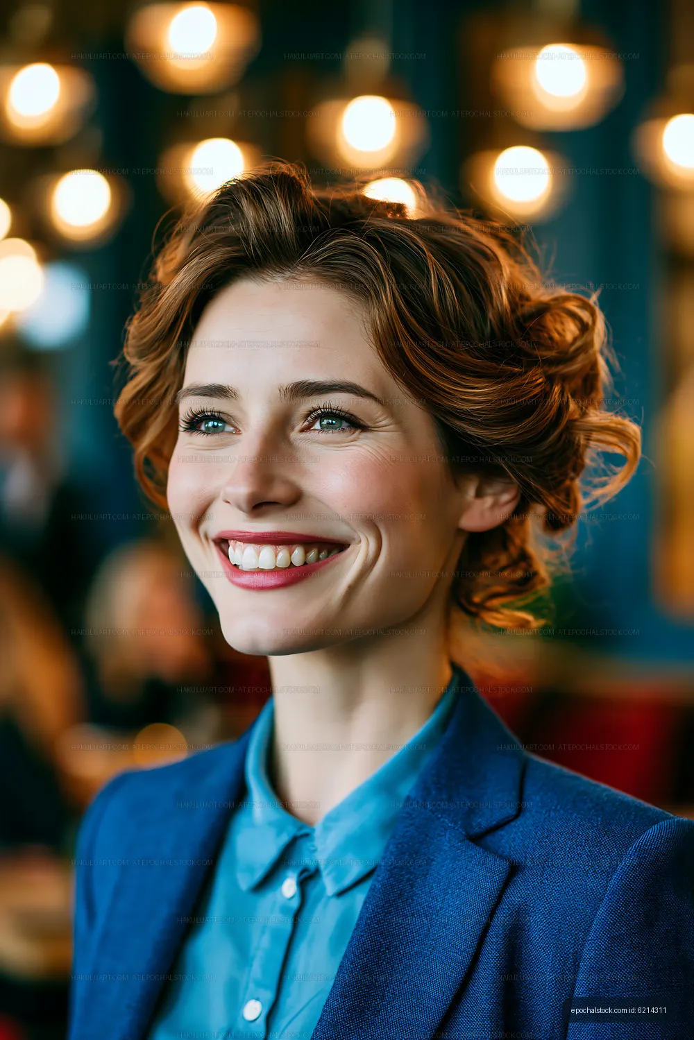 Woman smiling in a cafe with warm lighting