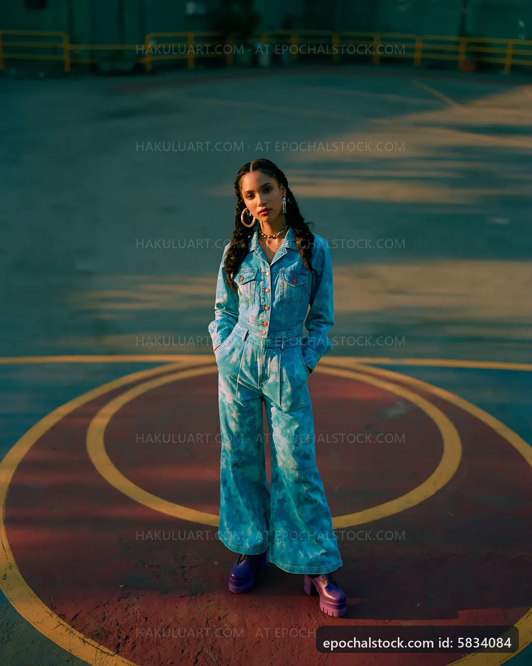Young woman in blue denim outfit standing on a colorful circle