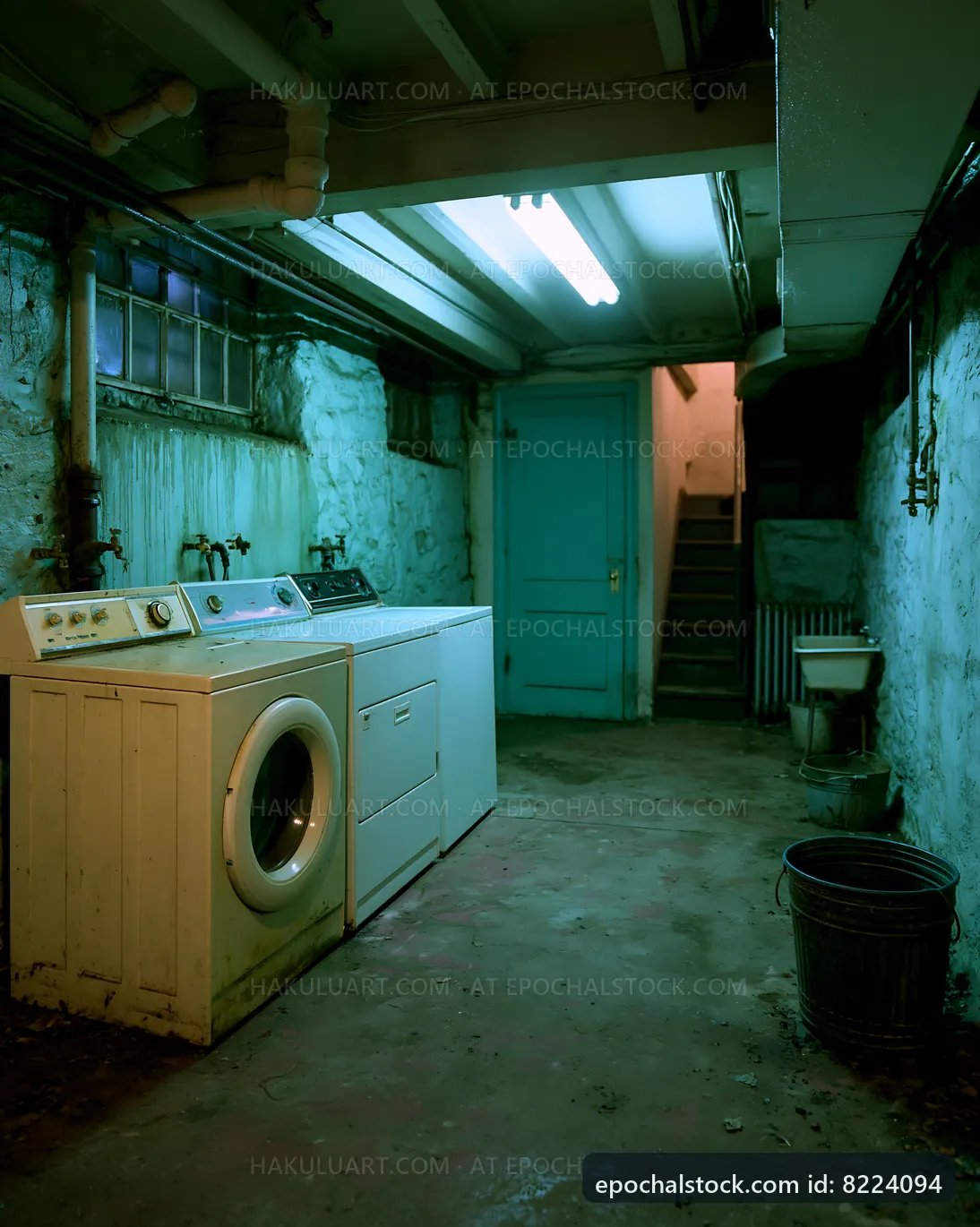Laundry room in a basement with washing machines and stairs