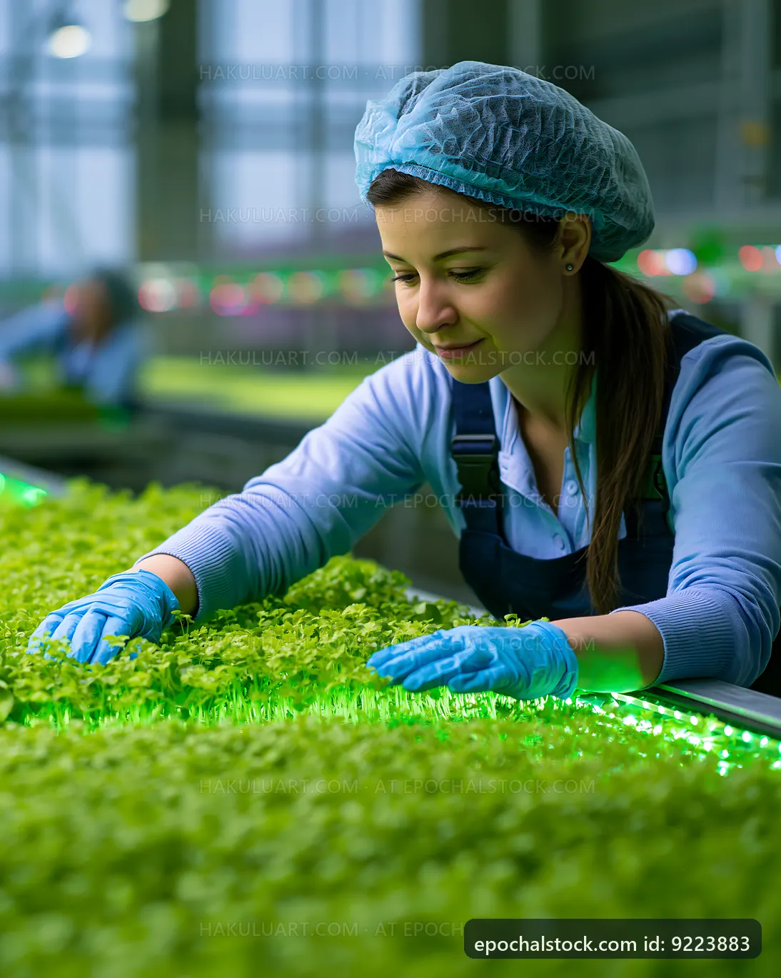 Woman working with fresh seedlings in a modern greenhouse