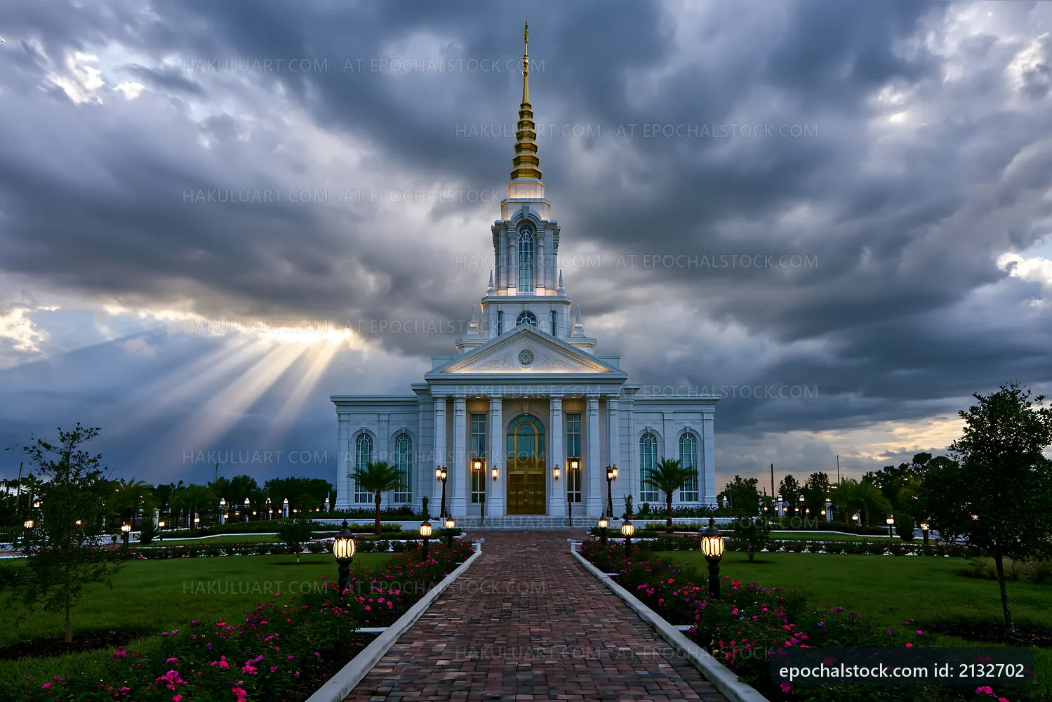Majestic building with spire under cloudy sky and sunlight