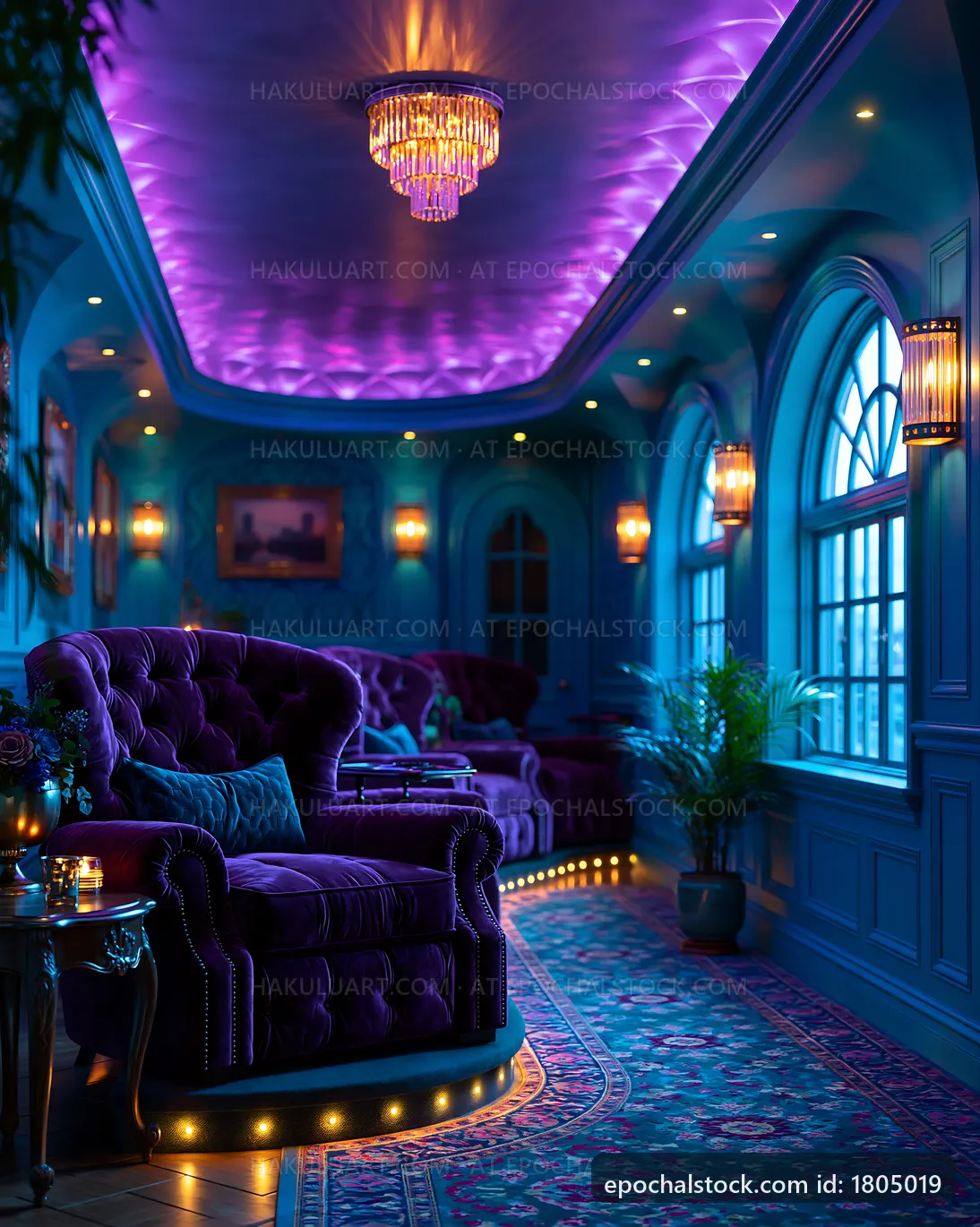 Cozy room with purple decor and elegant lighting