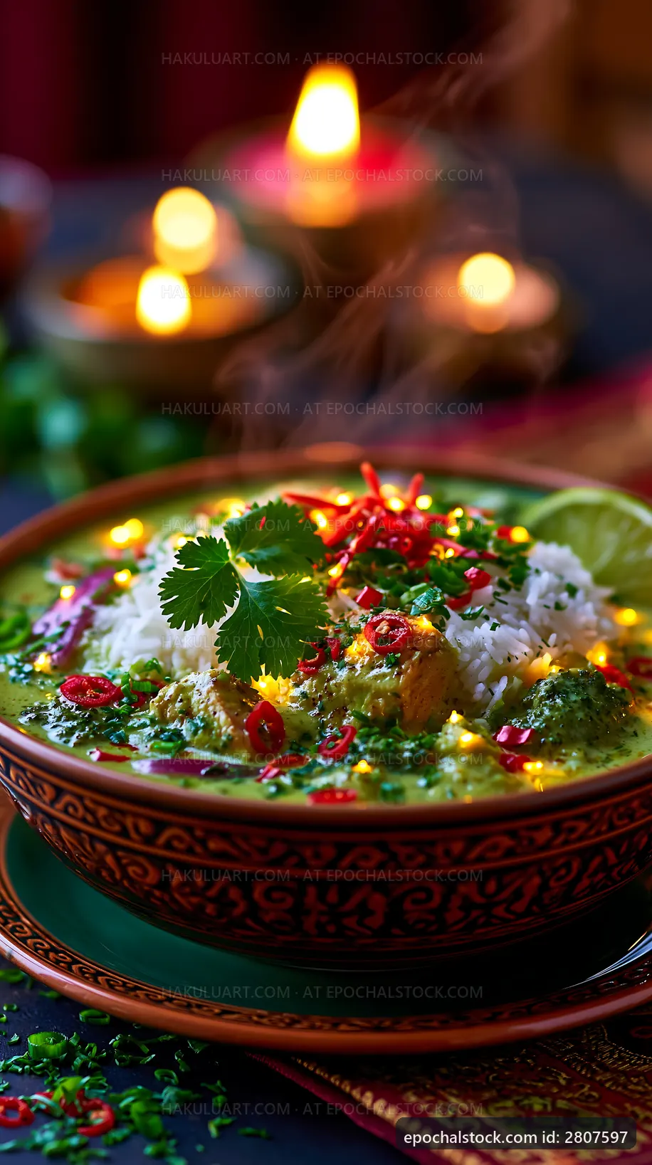Warm curry with rice and herbs served in a decorative bowl