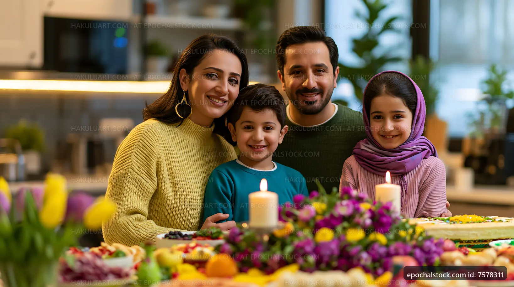 Family gathering at home with festive food and flowers