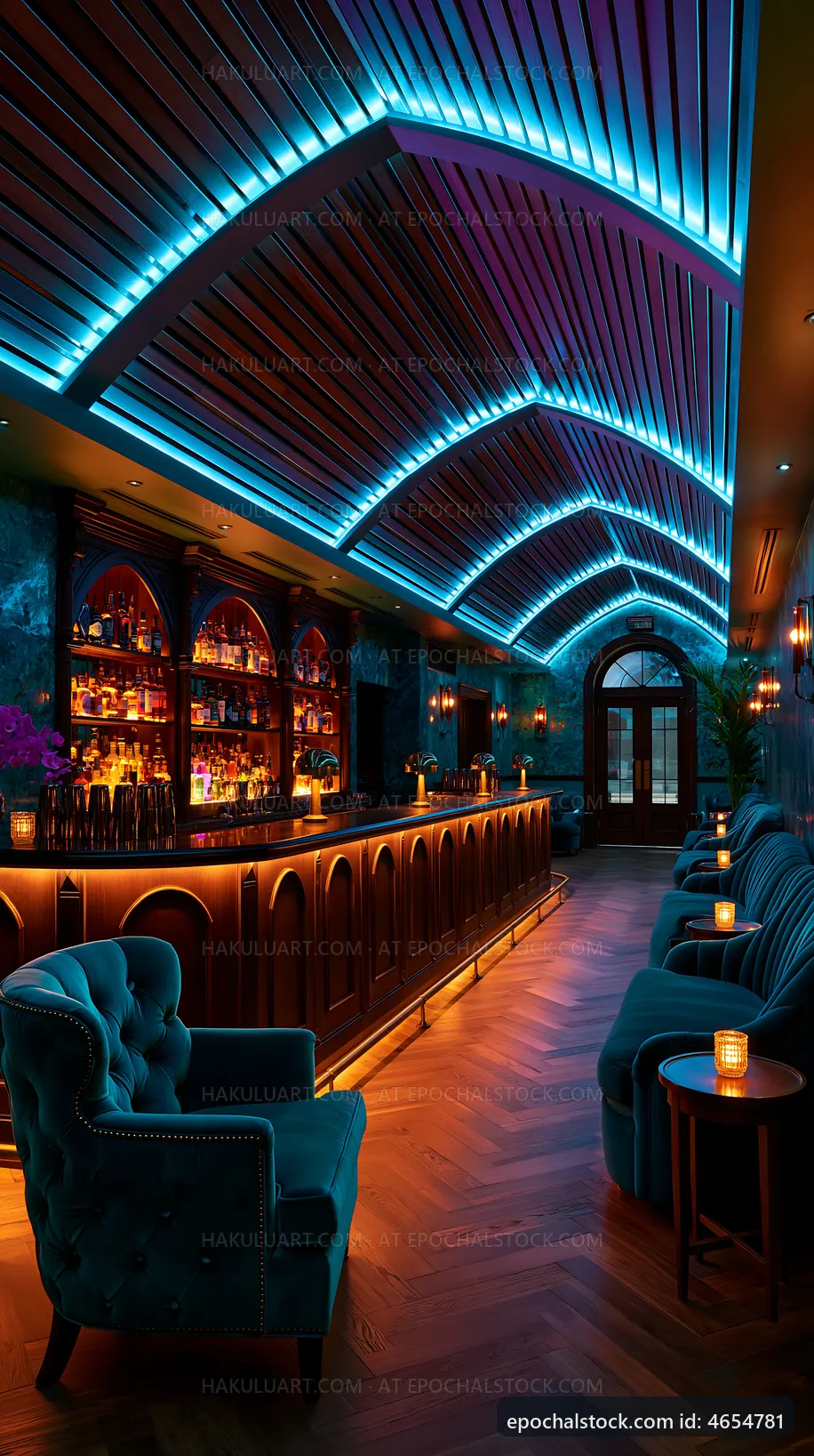 Elegant bar interior with blue lighting in a modern setting